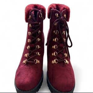 TOP Moda Burgundy Suede Lace-Up Ankle Boots with Faux Fur Collar